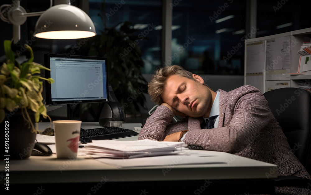 A tired businessman is sleeping at his desk A tired businessman is sleeping at his desk