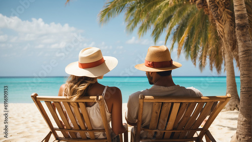 couple of lovers in sun loungers on the seashore, summer, sun, beach tropical © tanya78