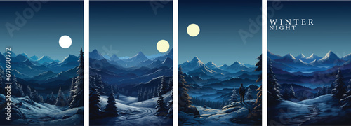 banner of winter landscape set, night, tree and snow, mountain, river, Vector illustration, landscape background, wallpaper, poster photo