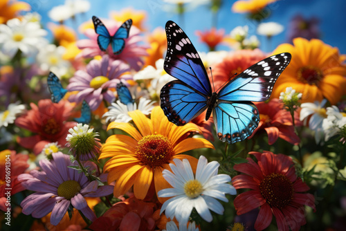 A kaleidoscope of butterflies fluttering around vibrant wildflowers, illustrating the delicate and interconnected ecosystem of pollinators and plants. Generative Ai.