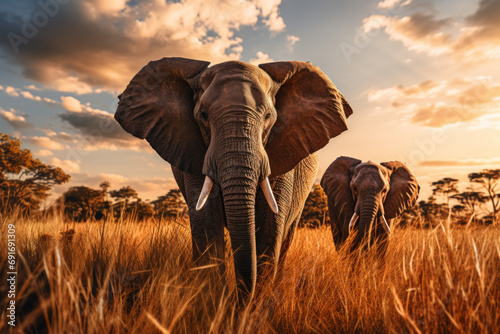 Majestic elephants roaming freely in the vast savannah, embodying the untamed beauty of wildlife in their natural habitat. Concept of wildlife conservation and habitat preservation. Generative Ai. © Sebastian