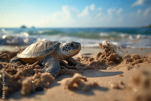 A serene scene of a turtle laying eggs on a sandy beach, underlining the cyclical and fragile nature of certain species' life cycles. Generative Ai.