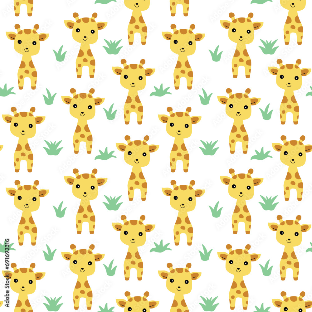 Giraffe seamless pattern. Giraffe and grass repeat on white background. Cartoon style. Color vector illustration.