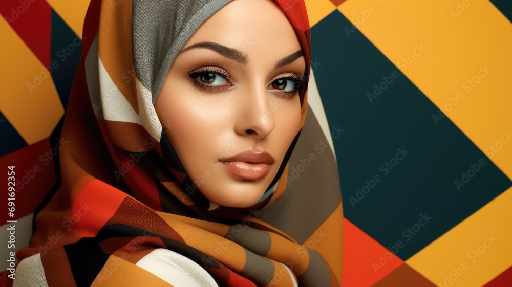 A woman in a colorful hijab against a geometric background