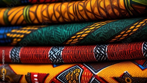 A vibrant display of African wax print fabrics photo