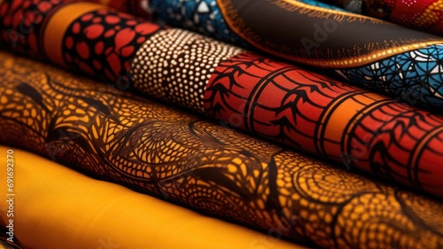 Rolled African wax print fabrics showcasing intricate patterns