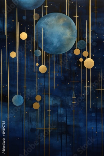 Abstract celestial bodies in shades of indigo background