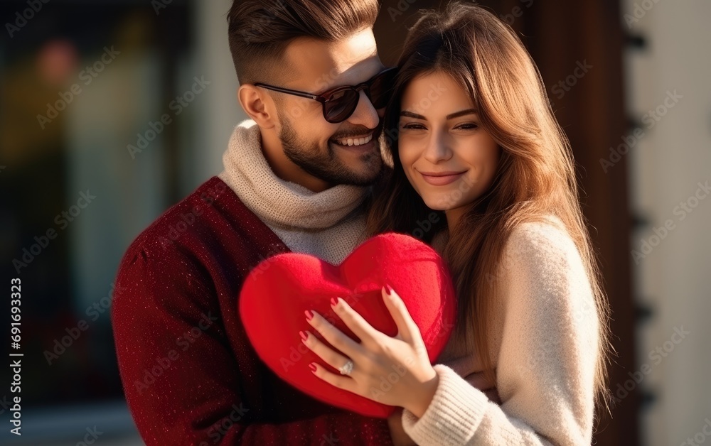 A happy beautiful couple hugging a plush red heart
