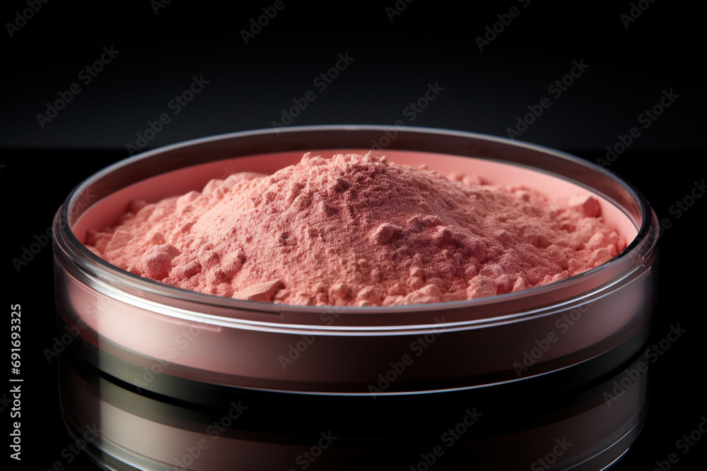 Loose Face Powder in a black plastic container on a black background. Decorative cosmetics advertisement or banner. Copy space Loose Face Powder in a black plastic container on a black background. Decorative cosmetics advertisement or banner. Copy space