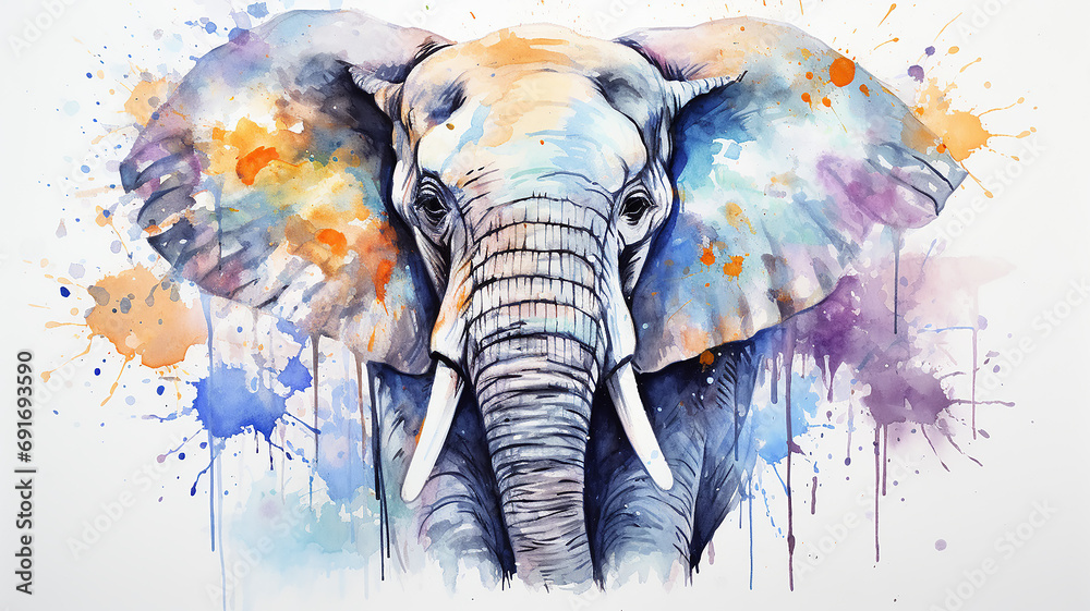 Fototapeta elephant watercolor portrait, multicolored paints on a white background