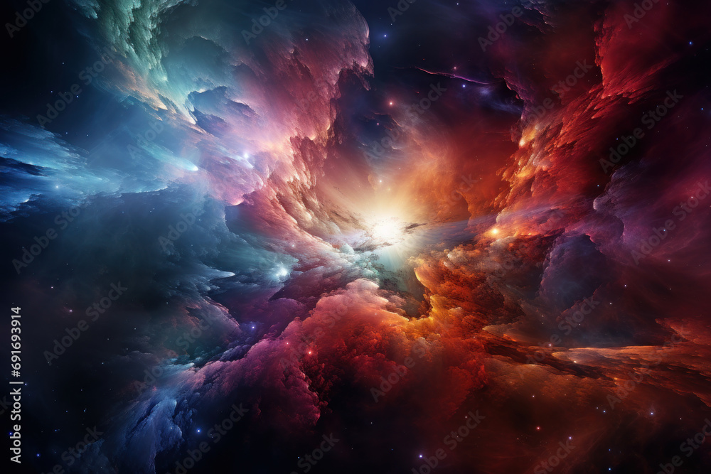 A cosmic anomaly, a swirling nebula of vivid colors and ethereal light, represents the awe-inspiring wonders of space exploration in a sci-fi universe. Generative Ai.