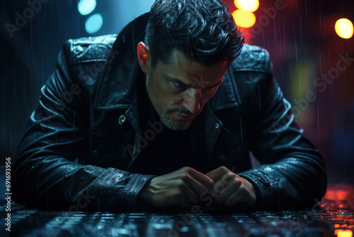 A cyberpunk detective in a rain-soaked alley, neon lights reflecting off wet pavement, investigates a futuristic crime scene, capturing the essence of a tech-noir narrative. Generative Ai. photo