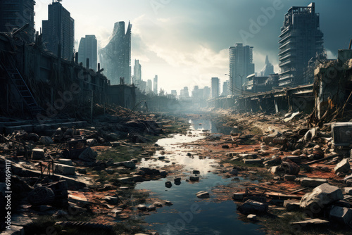 A post-apocalyptic cityscape with remnants of advanced technology reclaimed by nature, portraying the aftermath of a sci-fi civilization's collapse. Generative Ai.
