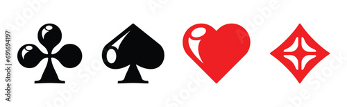 Set of playing card suits in black and red. Diamonds, Hearts, Clubs, Spades for trump cards on a transparent background