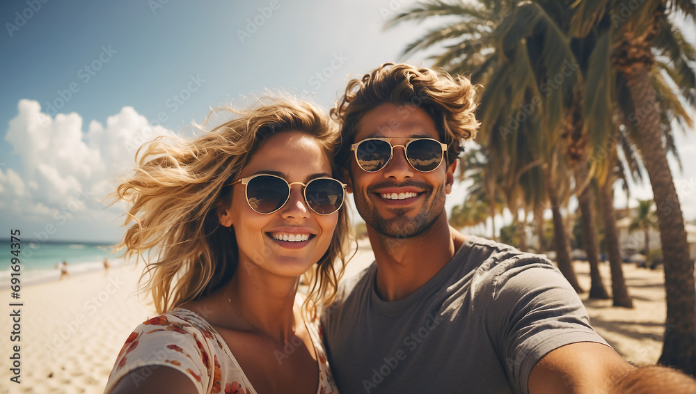 portrait of a couple of lovers emotion on the seashore, summer, sun, beach
