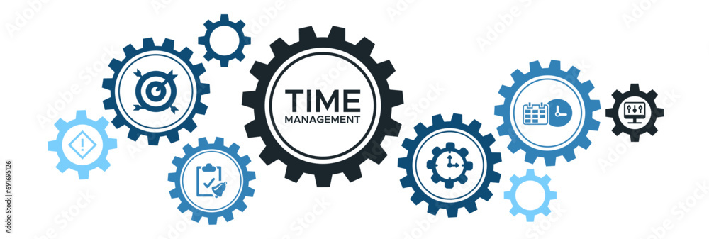 Banner time management vector illustration concept with English keywords and icon of objective priority schedule reminder efficiency alerts and controlling. - obrazy, fototapety, plakaty 