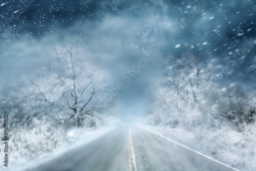a snowstorm in winter road, snow-covered, dramatic landscape, safety concept on a slippery road © soleg