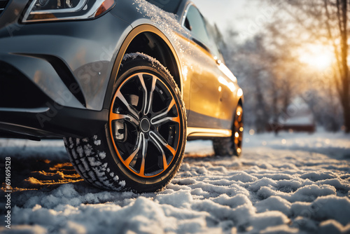 a car wheels on the background of a winter road and a beautiful landscape, a snow-covered forest, a concept of traffic safety on a slippery road photo