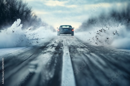 a car drives fast on a winter slippery road creating a whirlwind of snow, the concept of safety on a slippery road photo