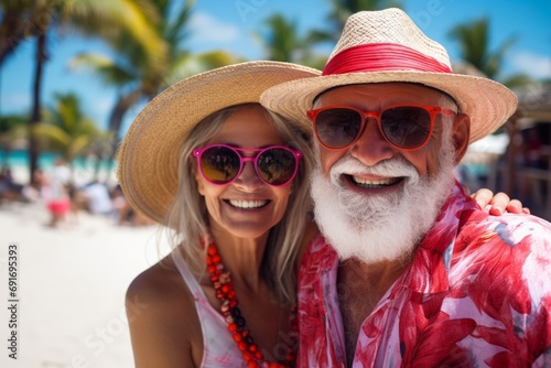 Sun-Kissed Senior Duo Sharing a Joyful Moment on a Tropical Beach