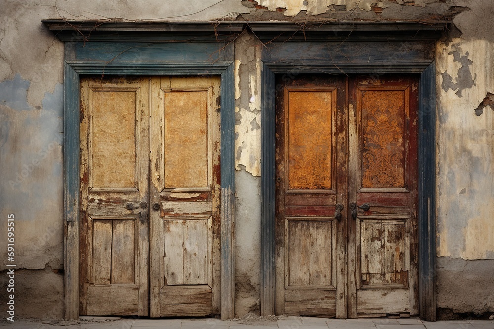 two old shabby wooden doors on a cracked wall