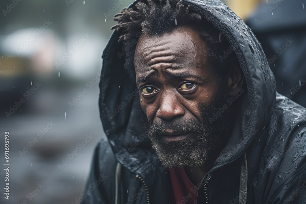 sad african american homeless man in the rain in the city on blurred background sad african american homeless man in the rain in the city on blurred background