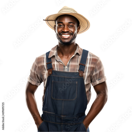 Cheerful mature Afro American farmer man posing and smiling at camera, worker in an hat png format on transparent background Fictional Person, Generative AI
