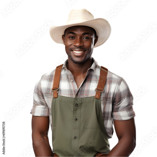 Cheerful mature Afro American farmer man posing and smiling at camera, worker in an hat png format on transparent background Fictional Person, Generative AI