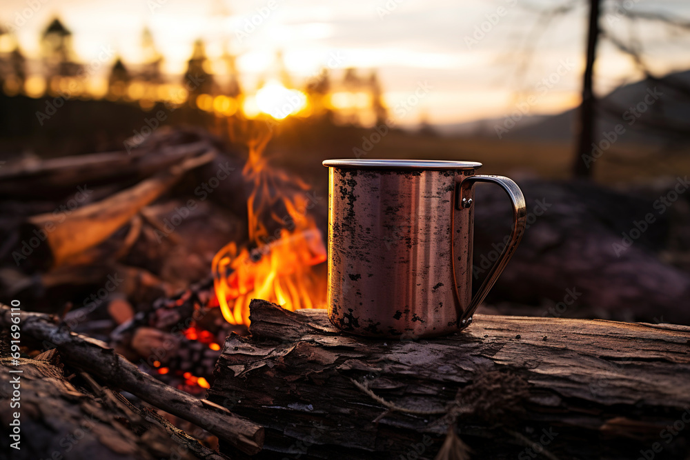 old metal mug on background of a campfire old metal mug on background of a campfire