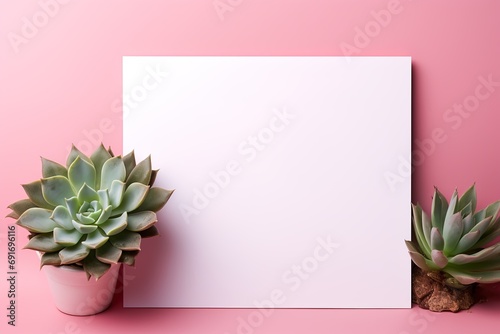 mockup white blank paper sheet with succulent in pot top view on pink background, template empty card flat lay for design with copy space