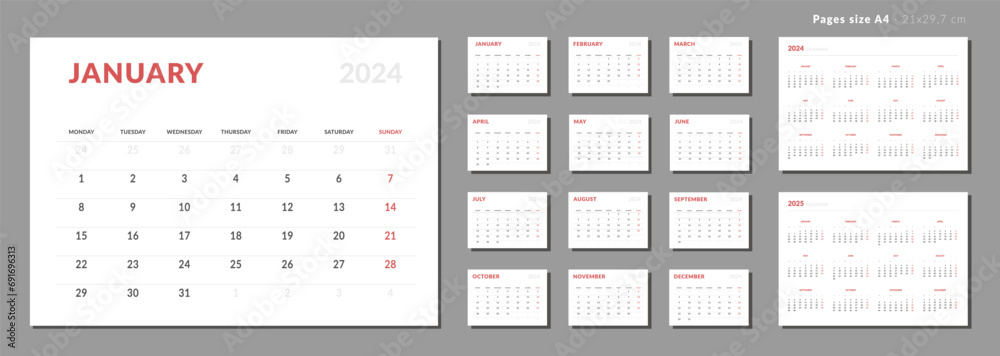 Set of Monthly page Calendar Planner Template 2024 and annual calendar of 2025. Vector layout of a wall or desk calendar with week start Monday. Pages for size A4. Isolated Calendar grid for print Set of Monthly page Calendar Planner Template 2024 and annual calendar of 2025. Vector layout of a wall or desk calendar with week start Monday. Pages for size A4. Isolated Calendar grid for print