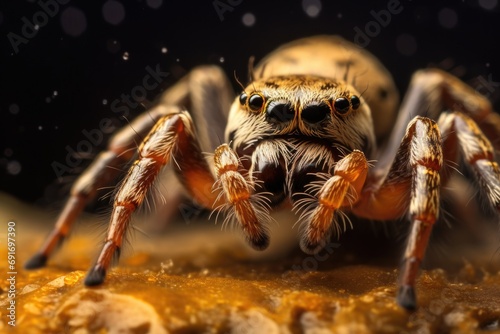 Macro photograph showcasing the unsettling details of a spider, a visual embodiment of the fear of spiders concept photo