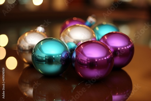 composition of Christmas balls of different colors lying on a glass surface