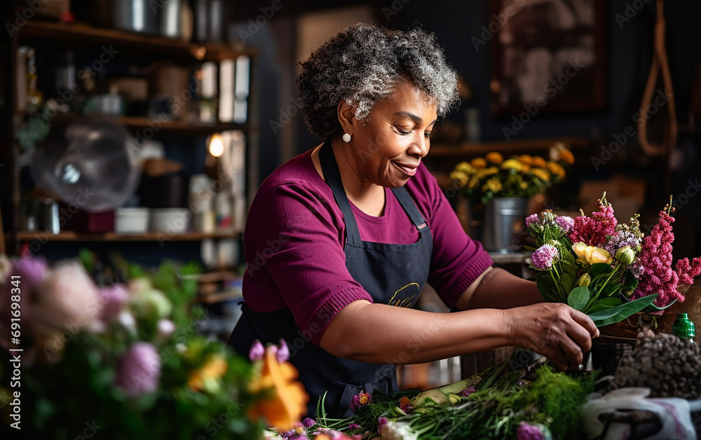 Picture of an old dark-skinned woman florist while working.