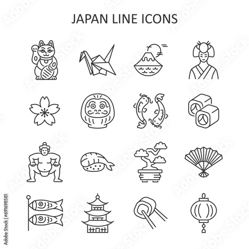 Japan line icon set. Japanese traditional vector sign with sakura, origami, maneki neko cat, daruma, koi fish, sushi, pagoda, sumo wrestler, geisha.