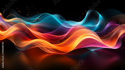 Vibrant rainbow, orange blue teal white psychedelic grainy gradient color flow wave on black background, music cover dance party poster design.