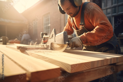 A man sawing wooden planks with a table saw  home improvement project  DIY concept