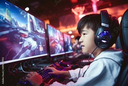 A young Asian gamer sitting in front of a computer screen, neon lights