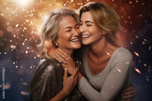 Caucasian mother and daughter adult women hugging each other during festive sparkling party. Friends or lesbian couple happy together. LGBT love friendship, family holiday celebration
