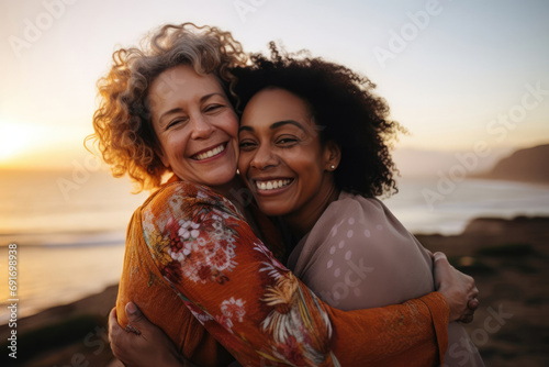 Caucasian friends adult women hugging each other during walking sunset at beach ocean. Friends or lesbian couple happy together. LGBT love friendship, family vacation, sisters together