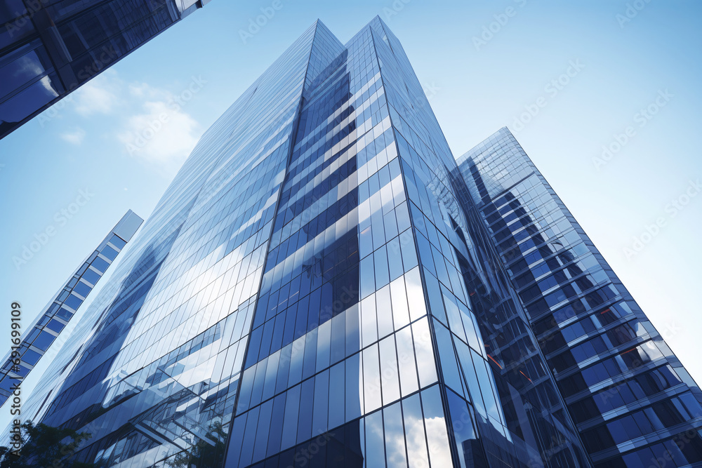 Modern architecture, reflecting glass of an office building on a sunny day with blue sky, looking up