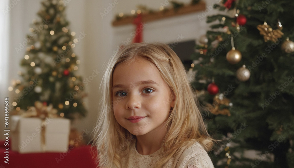 A cute child, a girl, Caucasian blonde, about 4 years old, sits in front of the Christmas tree with red Christmas presents