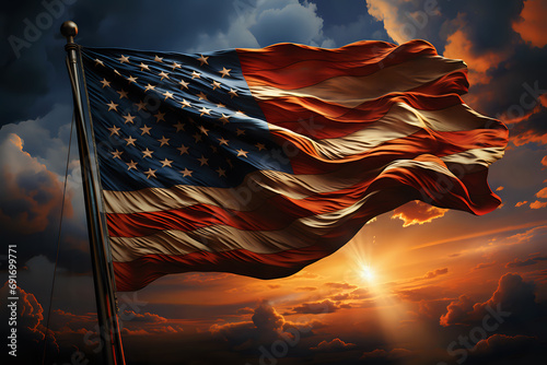 waving American flag against the sky in the golden sunset rays