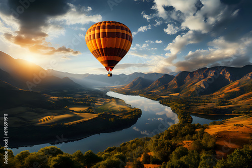 bright hot air balloon over mountain landscape and river