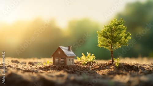 Closed up tiny home model on green grass with sunlight background. photo