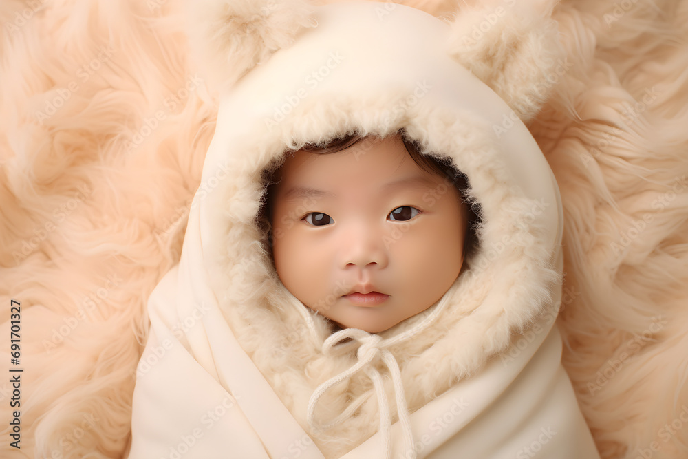 studio portrait of new born Asian baby wrapped in fur blanket studio portrait of new born Asian baby wrapped in fur blanket