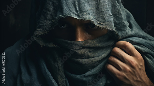 a man hides his face with a cloth portrait of an unidentified person, an abstract fictional character photo