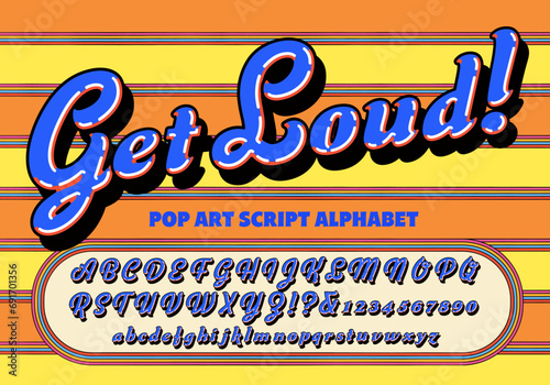 Get Loud is a 1970s style pop art script alphabet  with a multicolored background.