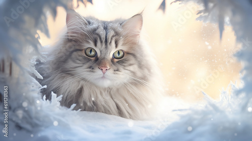 cat winter Christmas greeting card, cute cat outside in the winter arch