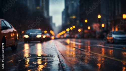 Stampa su tela Traffic on city streets at dusk in the rain blurred background